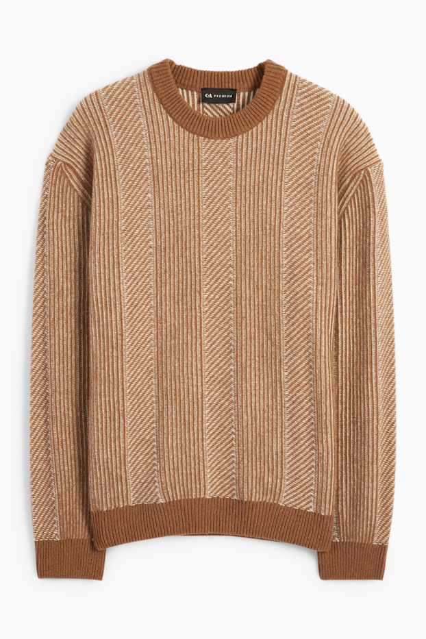Hommes - Pullover - laine mélangée - finition côtelée - marron