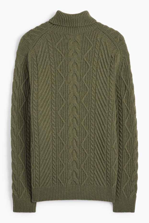 Bărbați - Pulover cu guler rulat - amestec de lână - cu torsade - verde