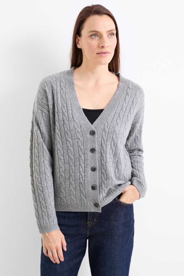Femmes - Gilet en maille avec teneur en cachemire - mélange de laine - motif tressé - gris