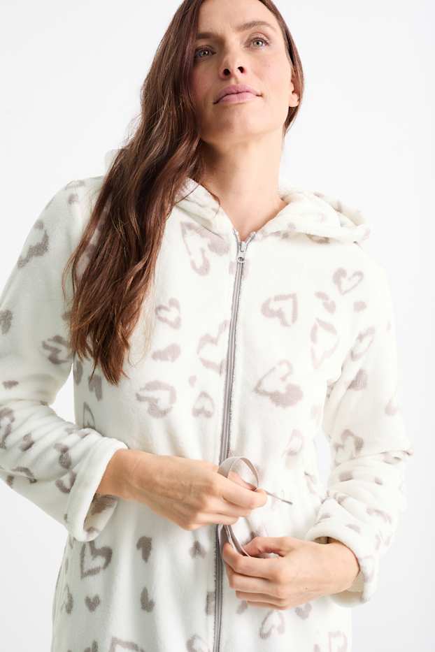Damen - Fleece-Bademantel mit Kapuze - gemustert - weiß