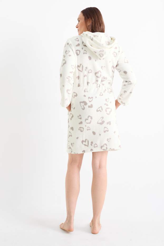 Damen - Fleece-Bademantel mit Kapuze - gemustert - weiß