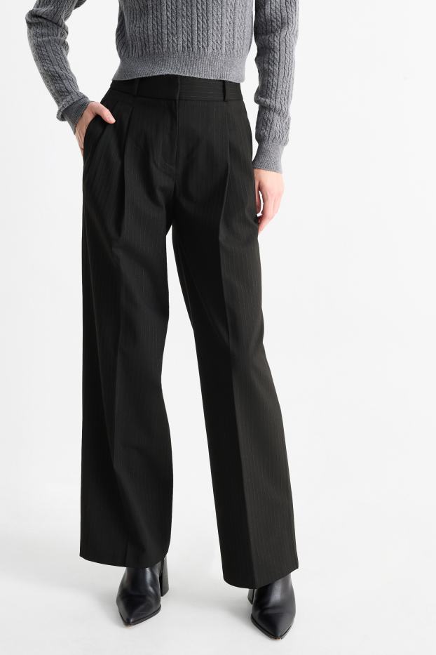 Women - Business trousers - high waist - wide leg - pinstripes - black