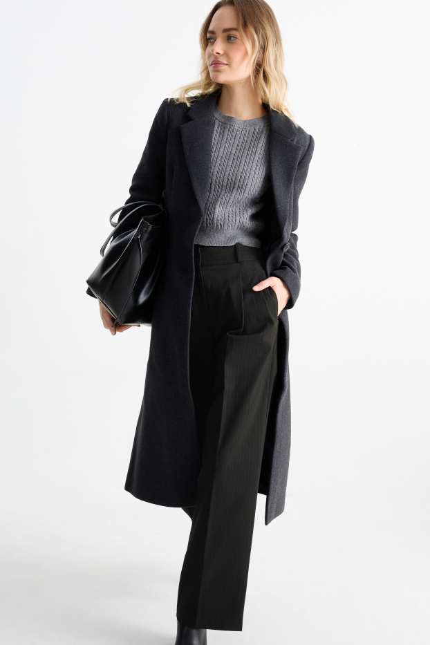 Women - Business trousers - high waist - wide leg - pinstripes - black