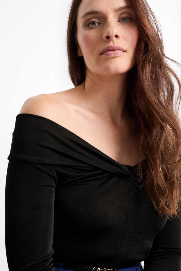 Femei - Tricou cu mânecă lungă cu nod - negru