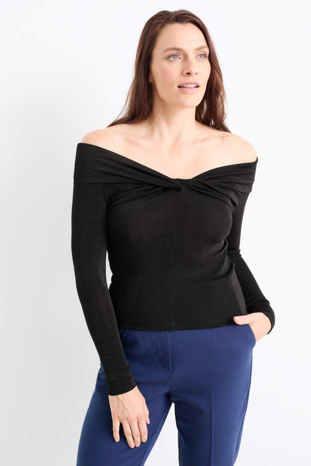 Femei - Tricou cu mânecă lungă cu nod - negru
