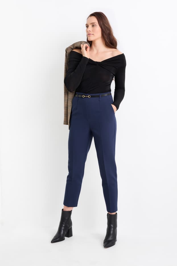 Donna - Pantaloni di stoffa con cintura - vita alta - tapered fit - blu scuro