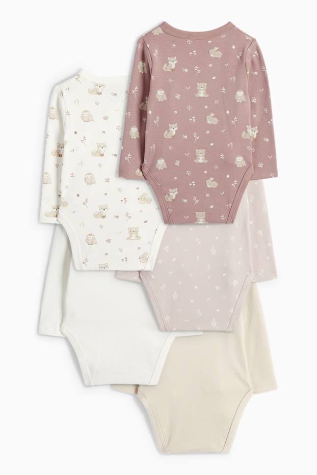 Bébés garçons - Lot de 5 - animaux de la forêt et petites fleurs - body croisé pour bébé - blanc / rose