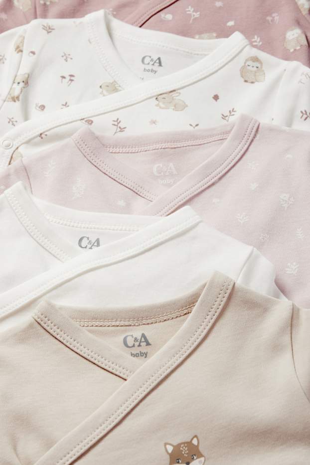 Bébés garçons - Lot de 5 - animaux de la forêt et petites fleurs - body croisé pour bébé - blanc / rose