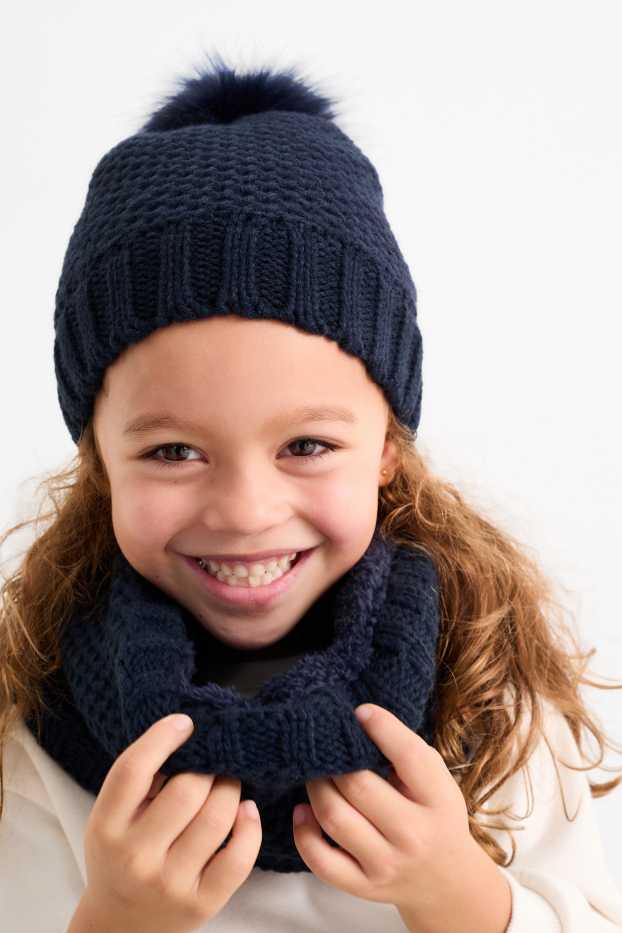 Kinder Mädchen - Set - Bommelmütze und Loop Schal - 2 teilig - dunkelblau