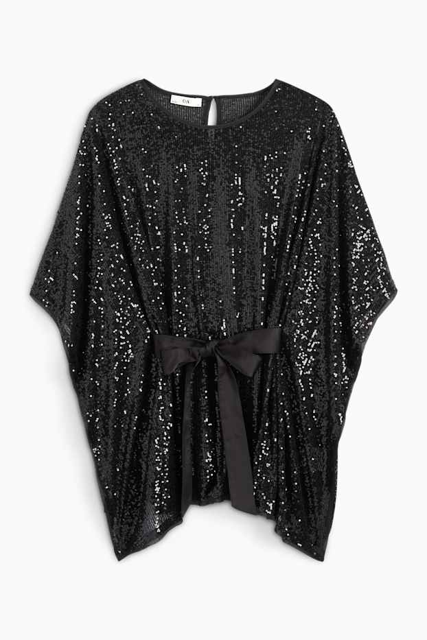 Damen - Pailletten-Cape mit Gürtel - glänzend - schwarz