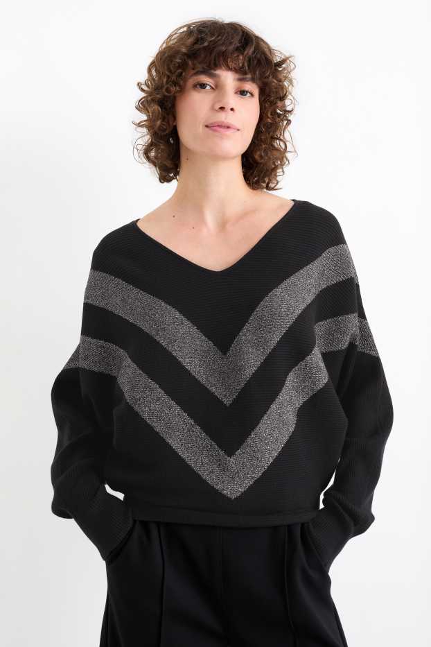 Damen - Pullover mit V-Ausschnitt - gerippt - schwarz