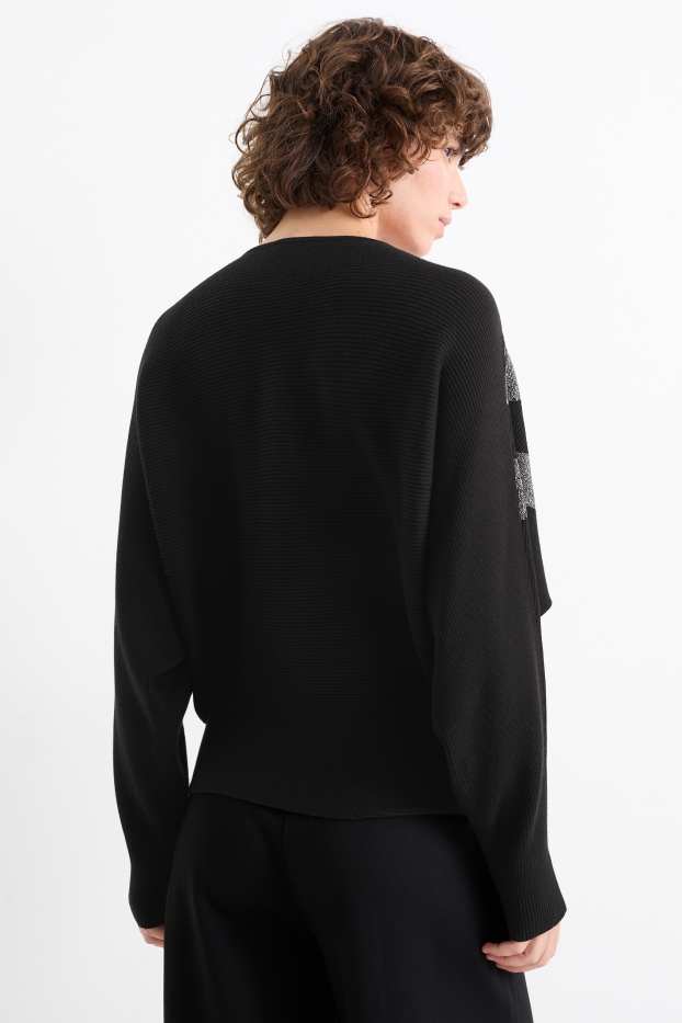 Damen - Pullover mit V-Ausschnitt - gerippt - schwarz
