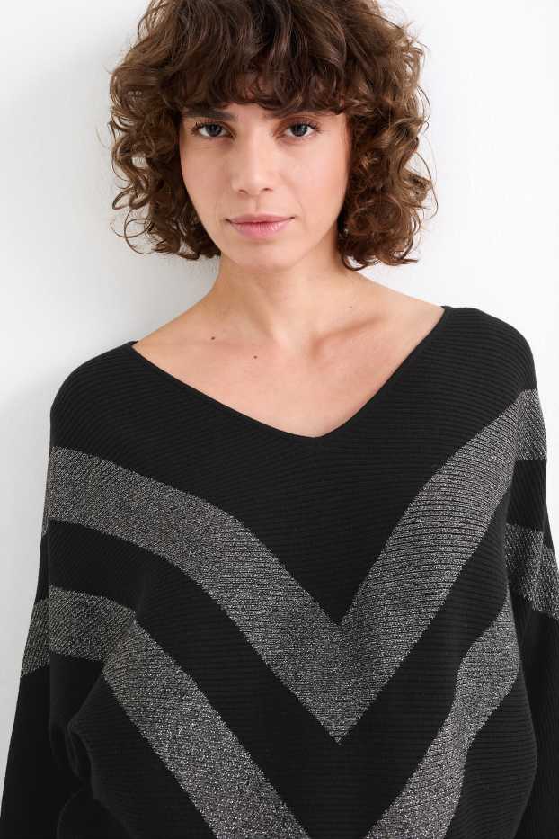 Damen - Pullover mit V-Ausschnitt - gerippt - schwarz