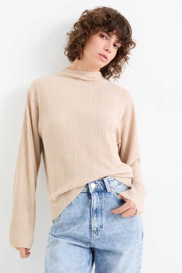 Damen - Langarmshirt - gerippt - beige