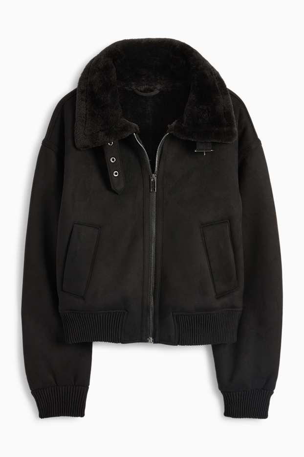 Damen - Faux Shearling Jacke - Velourslederimitat - schwarz