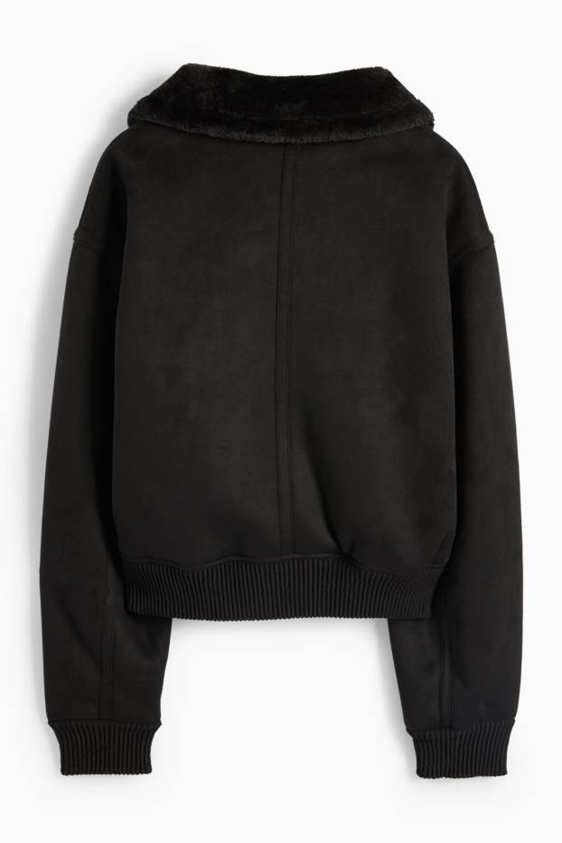 Damen - Faux Shearling Jacke - Velourslederimitat - schwarz