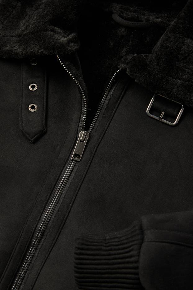 Damen - Faux Shearling Jacke - Velourslederimitat - schwarz