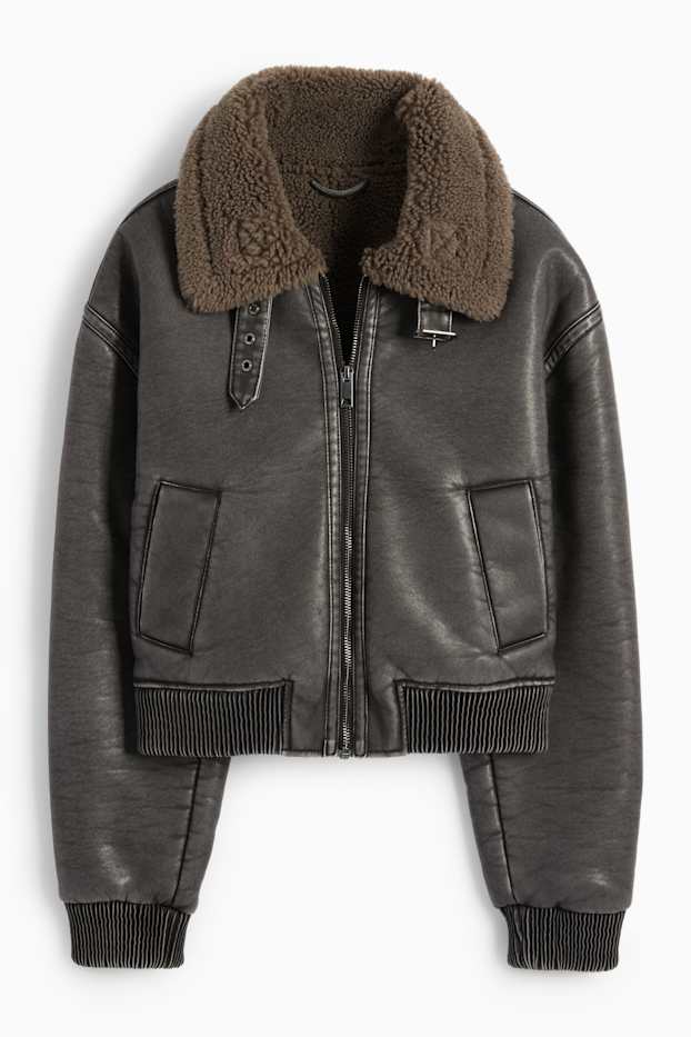 Women - Faux shearling jacket - faux leather - dark gray