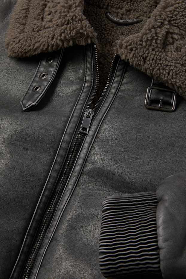 Women - Faux shearling jacket - faux leather - dark gray