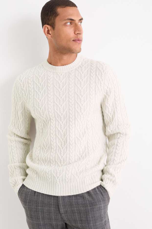 Herren - Pullover mit Kaschmir-Anteil - Woll-Mix - Zopfmuster - cremeweiß