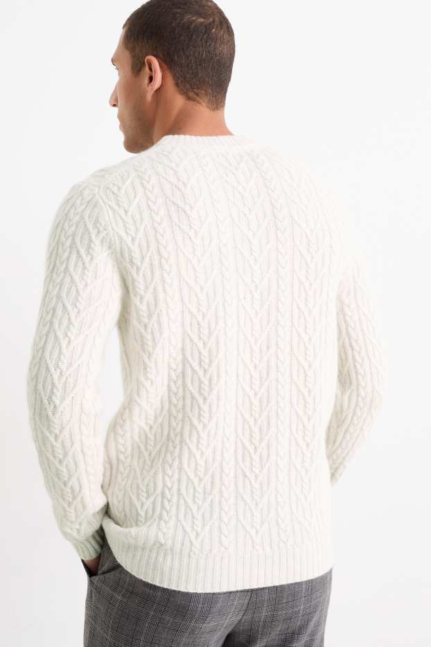 Herren - Pullover mit Kaschmir-Anteil - Woll-Mix - Zopfmuster - cremeweiß
