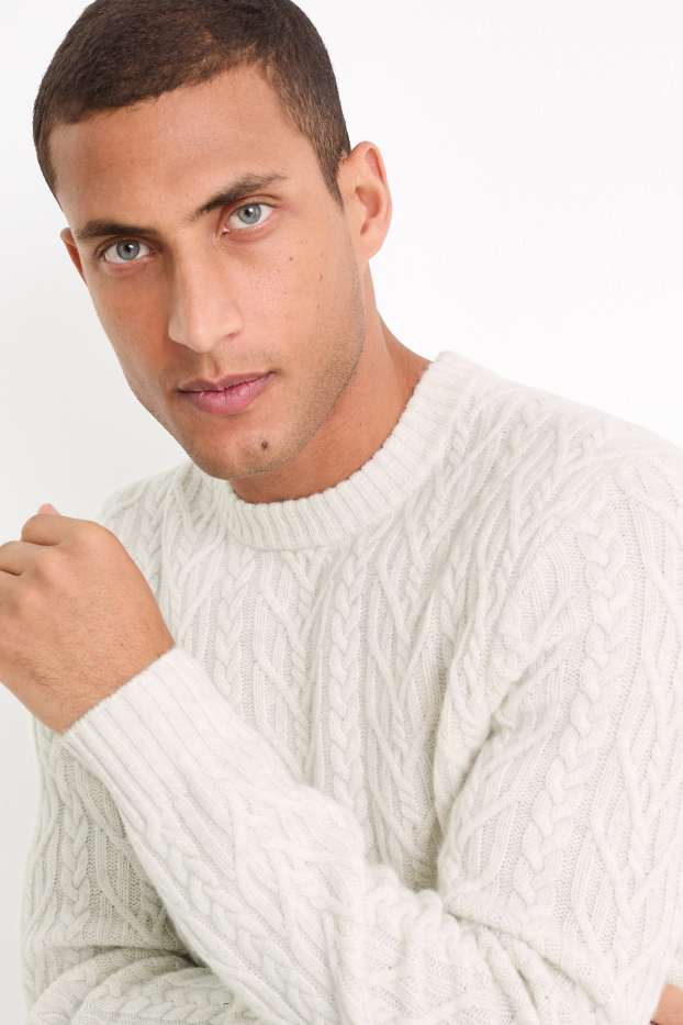 Herren - Pullover mit Kaschmir-Anteil - Woll-Mix - Zopfmuster - cremeweiß