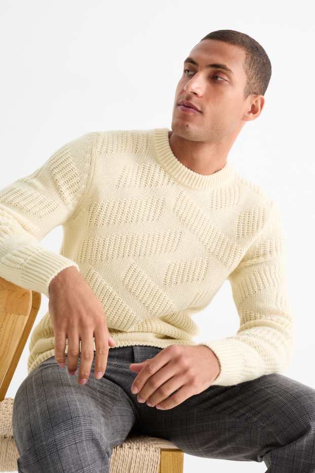 Pánské - Svetr - vlněná směs - ze strukturovaného materiálu - krémově bílá