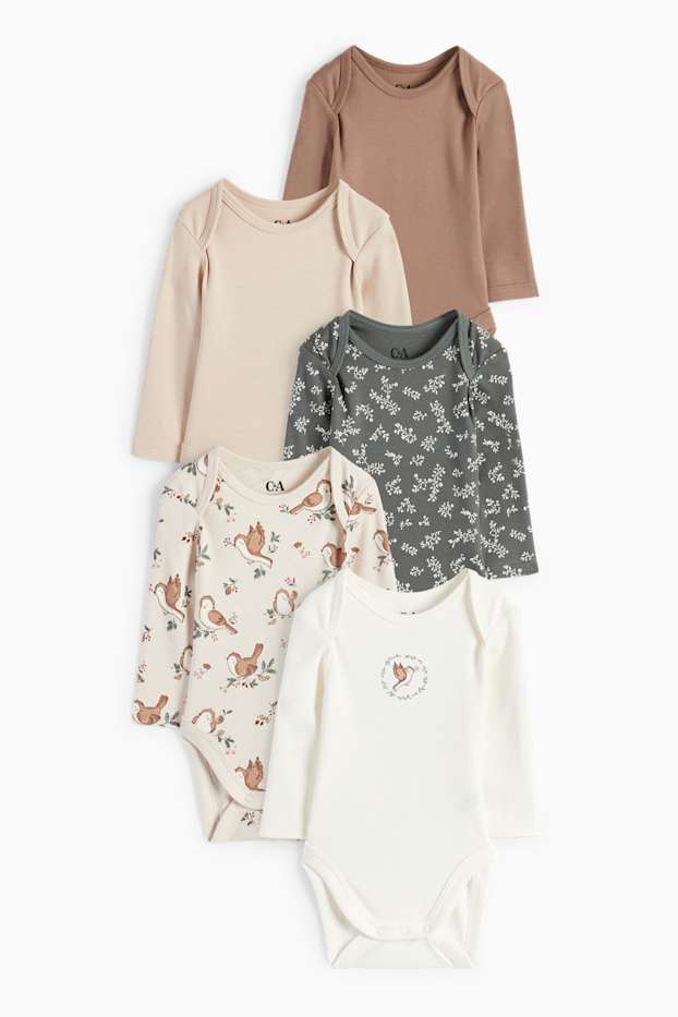 Bébés filles - Lot de 5 - petites fleurs et petits oiseaux - bodys bébé - gris / beige