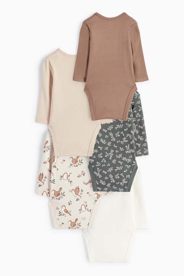 Bébés filles - Lot de 5 - petites fleurs et petits oiseaux - bodys bébé - gris / beige