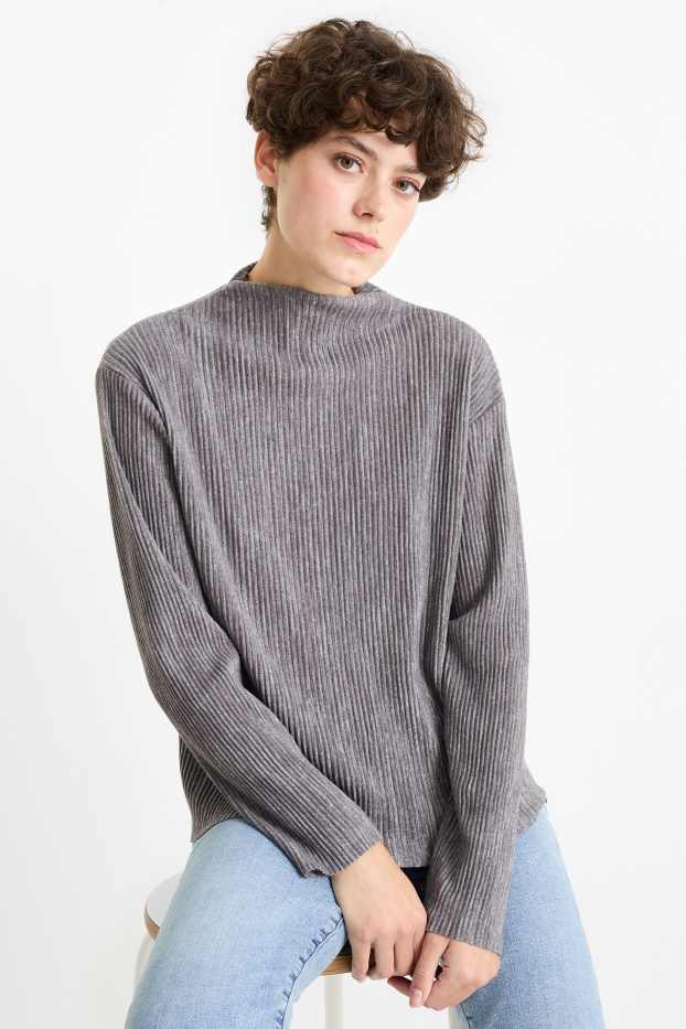 Dona - Samarreta de màniga llarga - acanalada - gris fosc