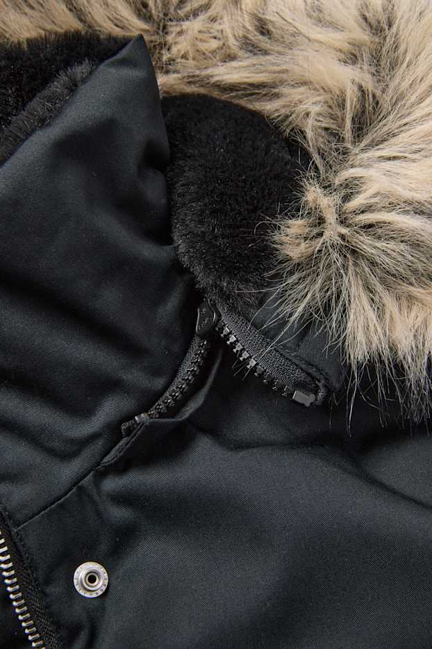 Damen - Parka mit Kapuze und Kunstfellbesatz - schwarz