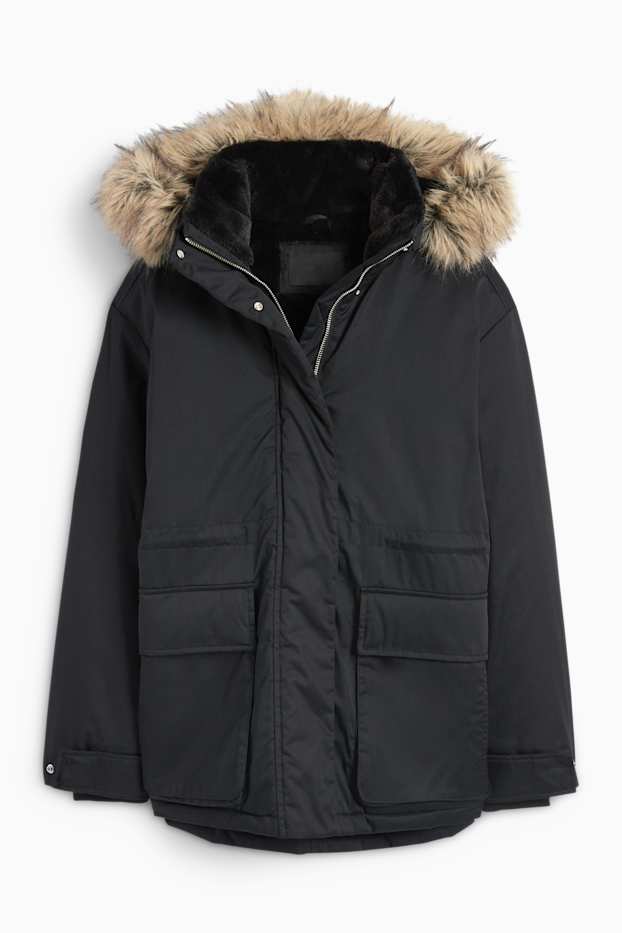 Damen - Parka mit Kapuze und Kunstfellbesatz - schwarz