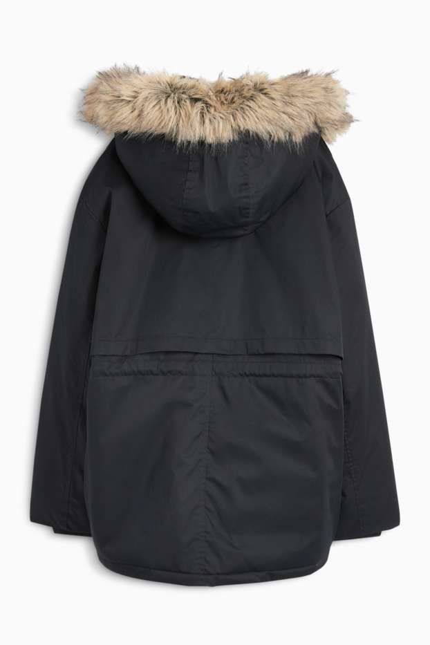 Damen - Parka mit Kapuze und Kunstfellbesatz - schwarz