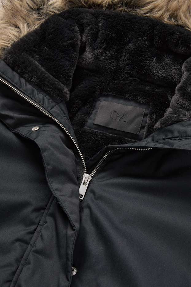 Damen - Parka mit Kapuze und Kunstfellbesatz - schwarz