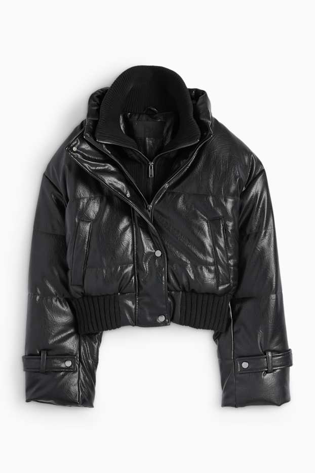 Damen - Steppjacke - Lederimitat - schwarz