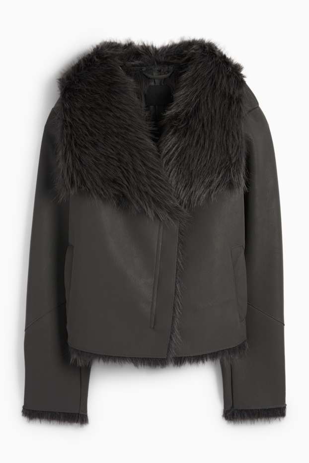 Femmes - Veste imitation mouton - synthétique - gris foncé