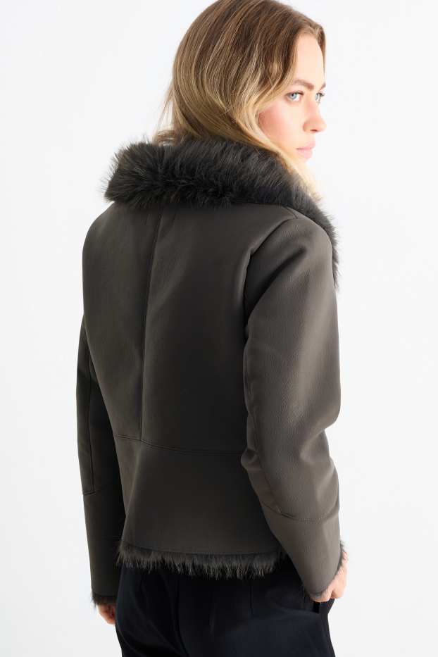 Femmes - Veste imitation mouton - synthétique - gris foncé