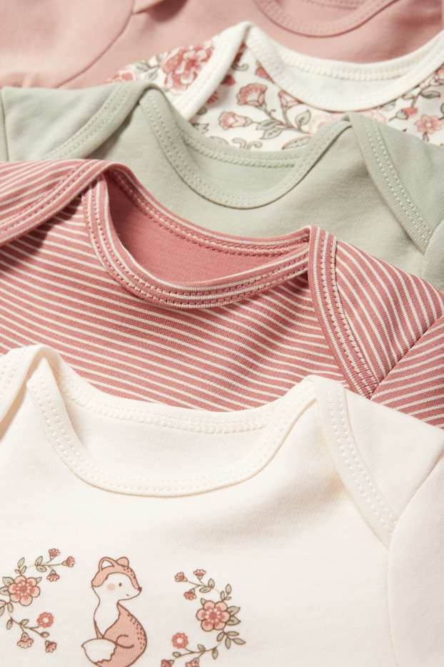 Bébés filles - Lot de 5 - petites fleurs et renard - bodys bébé - rose