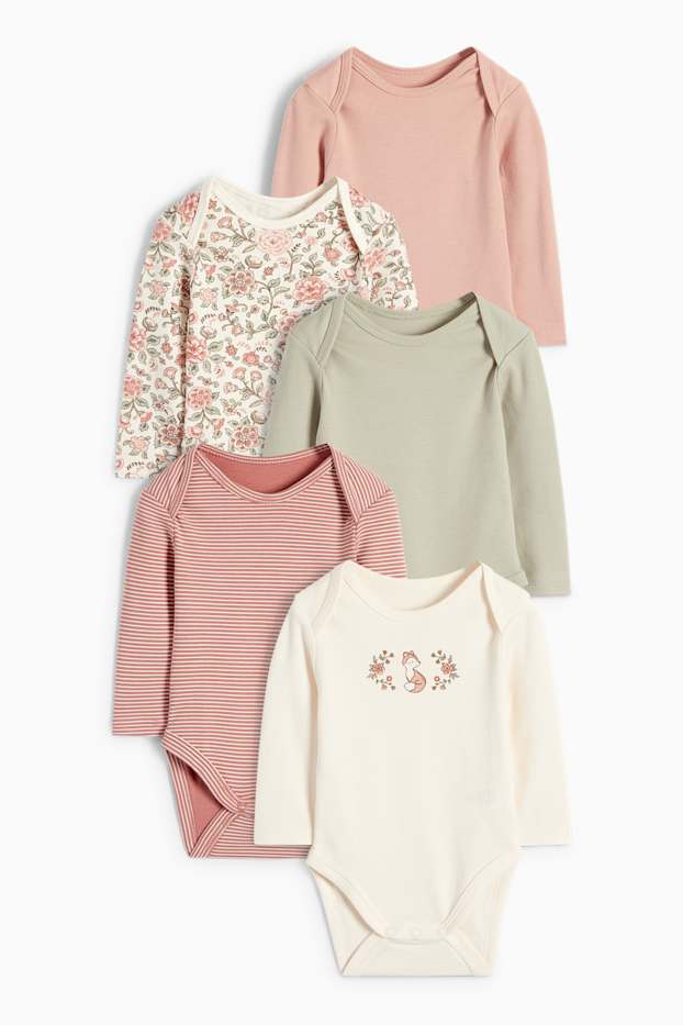Bébés filles - Lot de 5 - petites fleurs et renard - bodys bébé - rose