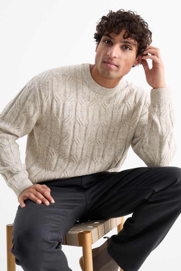Herren - Pullover - Zopfmuster - hellbeige