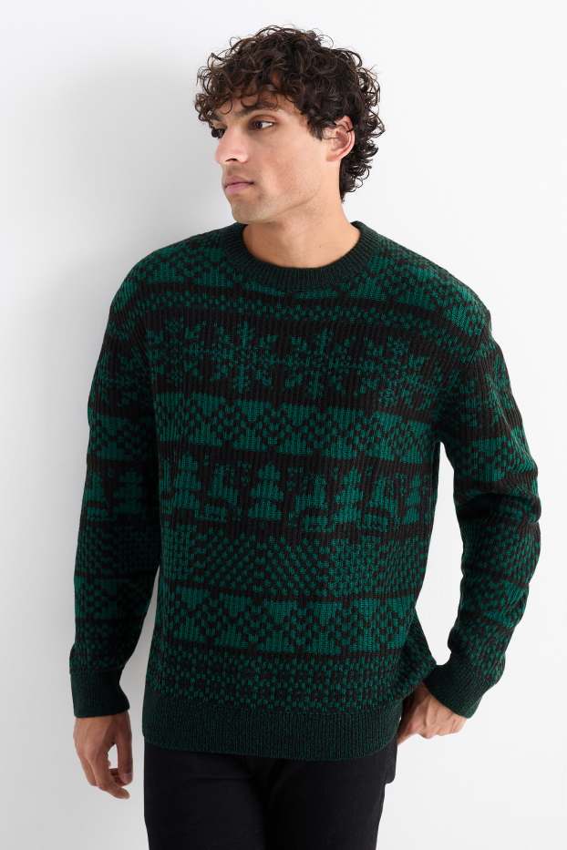 Hommes - Pullover de Noël - renne, flocon de neige et sapin de Noël - vert foncé