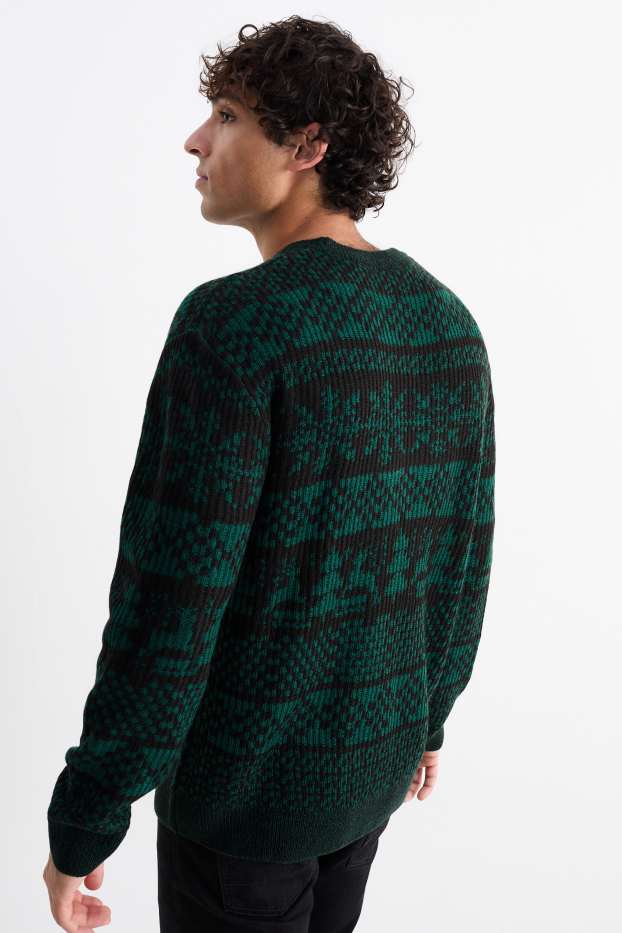 Hommes - Pullover de Noël - renne, flocon de neige et sapin de Noël - vert foncé