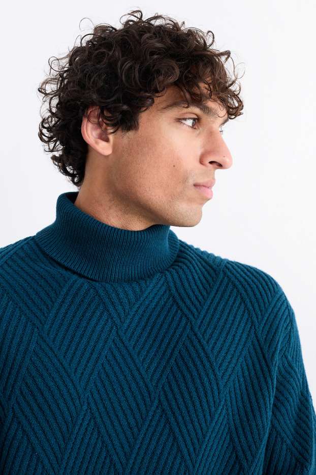 Uomo - Maglione con collo a dolcevita - tramato - blu scuro