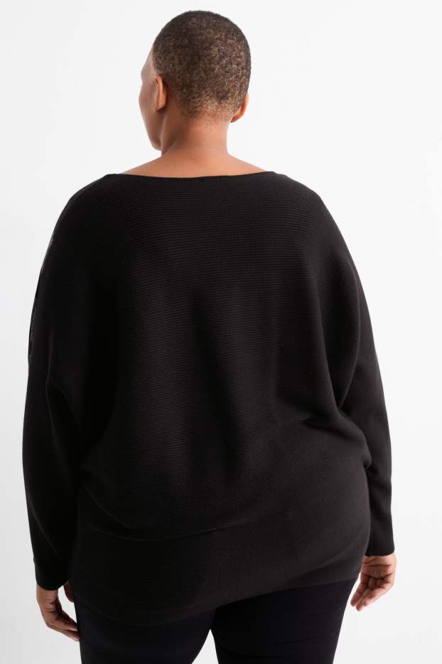 Femei - Pulover cu decolteu în V - reiat - negru