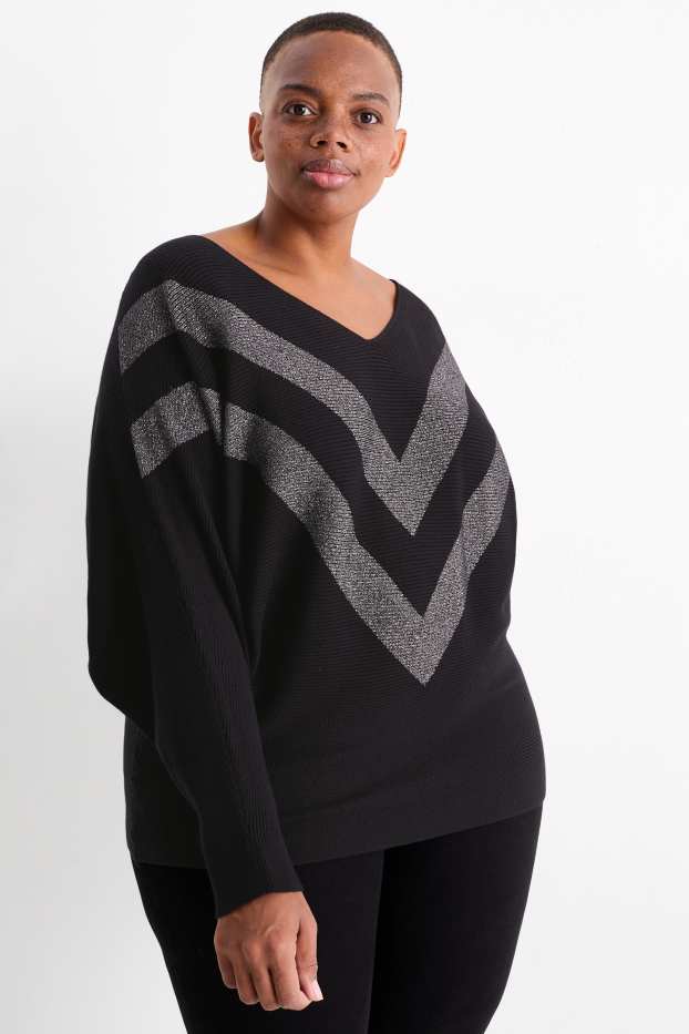 Femei - Pulover cu decolteu în V - reiat - negru