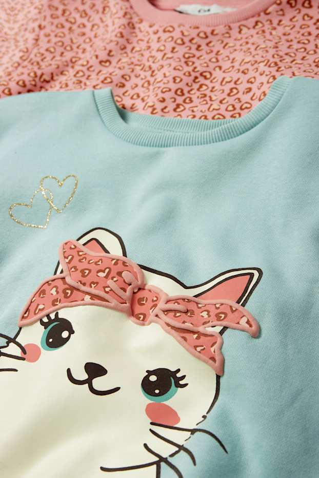 Niños: niñas - Pack de 2 - gato y corazones - sudaderas - turquesa