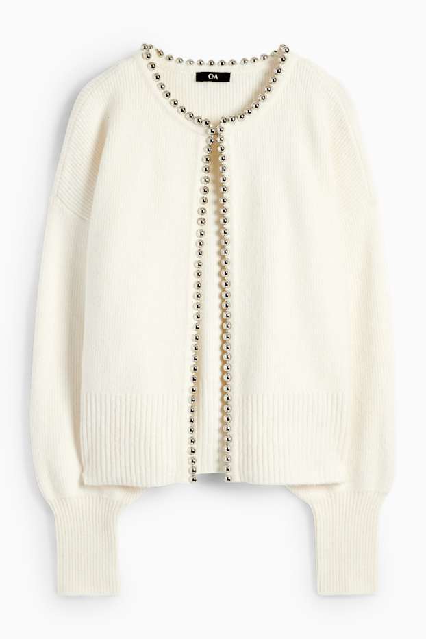 Women - Cardigan - ribbed - cremewhite