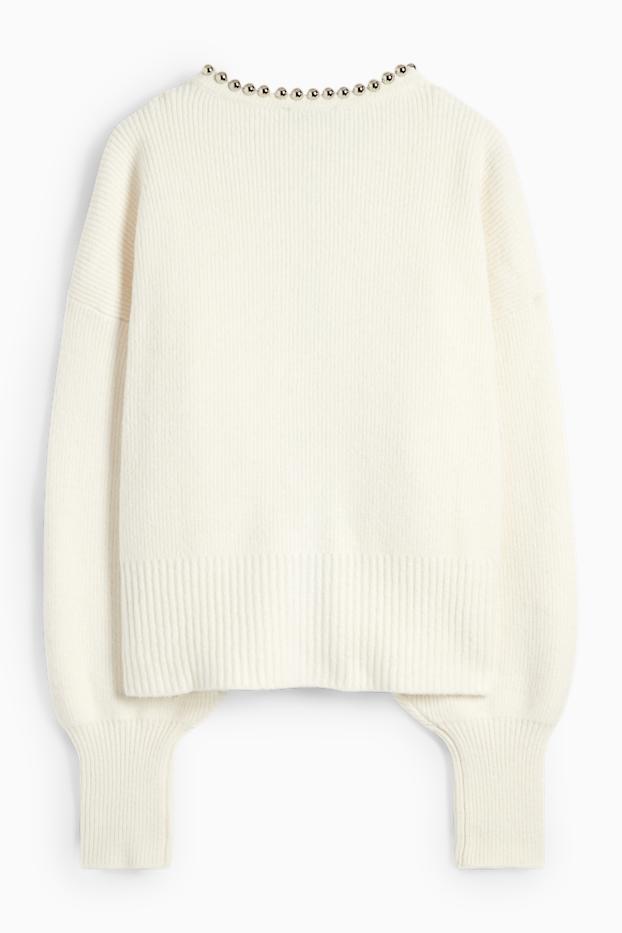 Women - Cardigan - ribbed - cremewhite