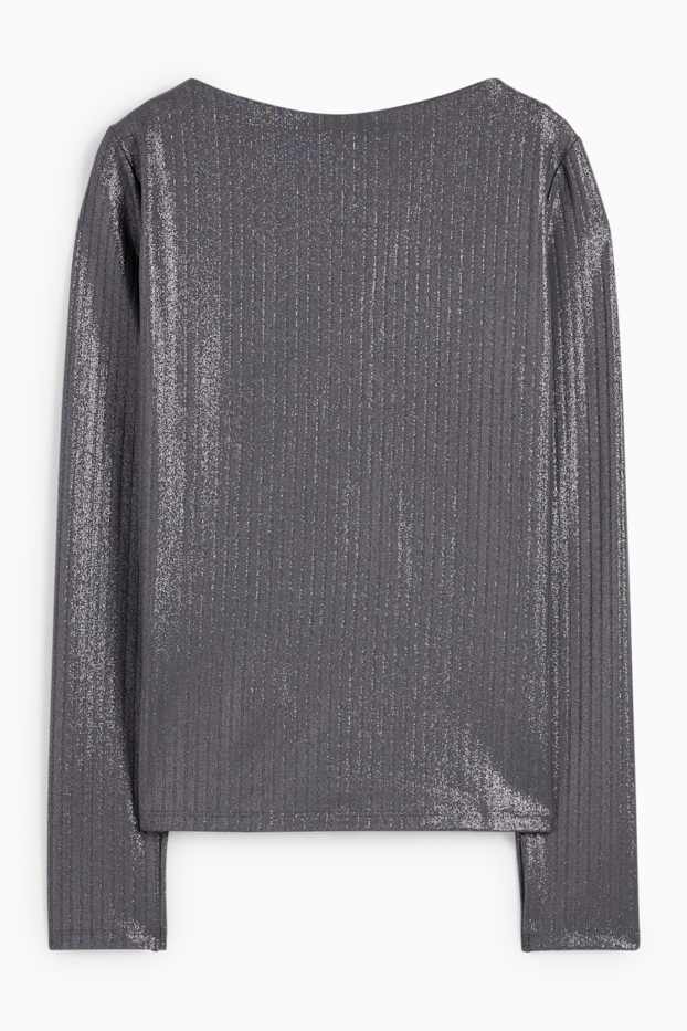 Dames - Longsleeve - geribd - glanzend - donkergrijs