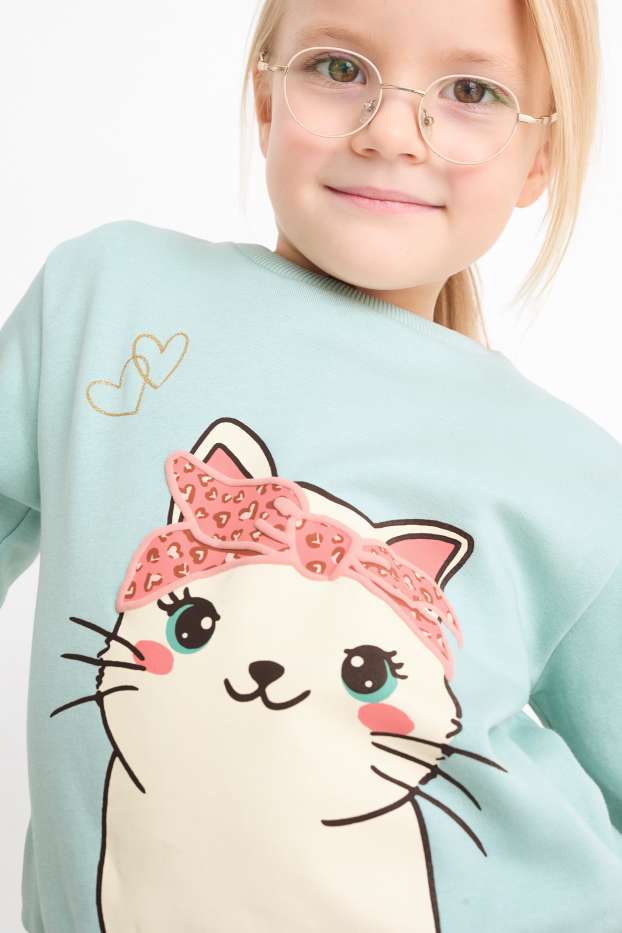 Niños: niñas - Pack de 2 - gato y corazones - sudaderas - turquesa